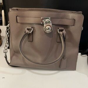 Michael Kors Taupe Saffiano Satchel with Silver Hardware